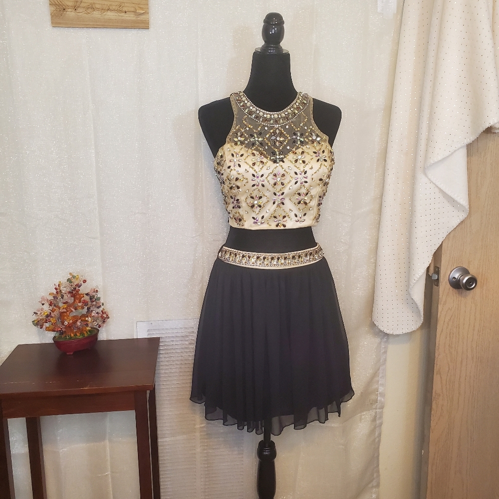 Midnight Doll 2pc Dress, Black & Beige, Jewels & Sequins, Size 9